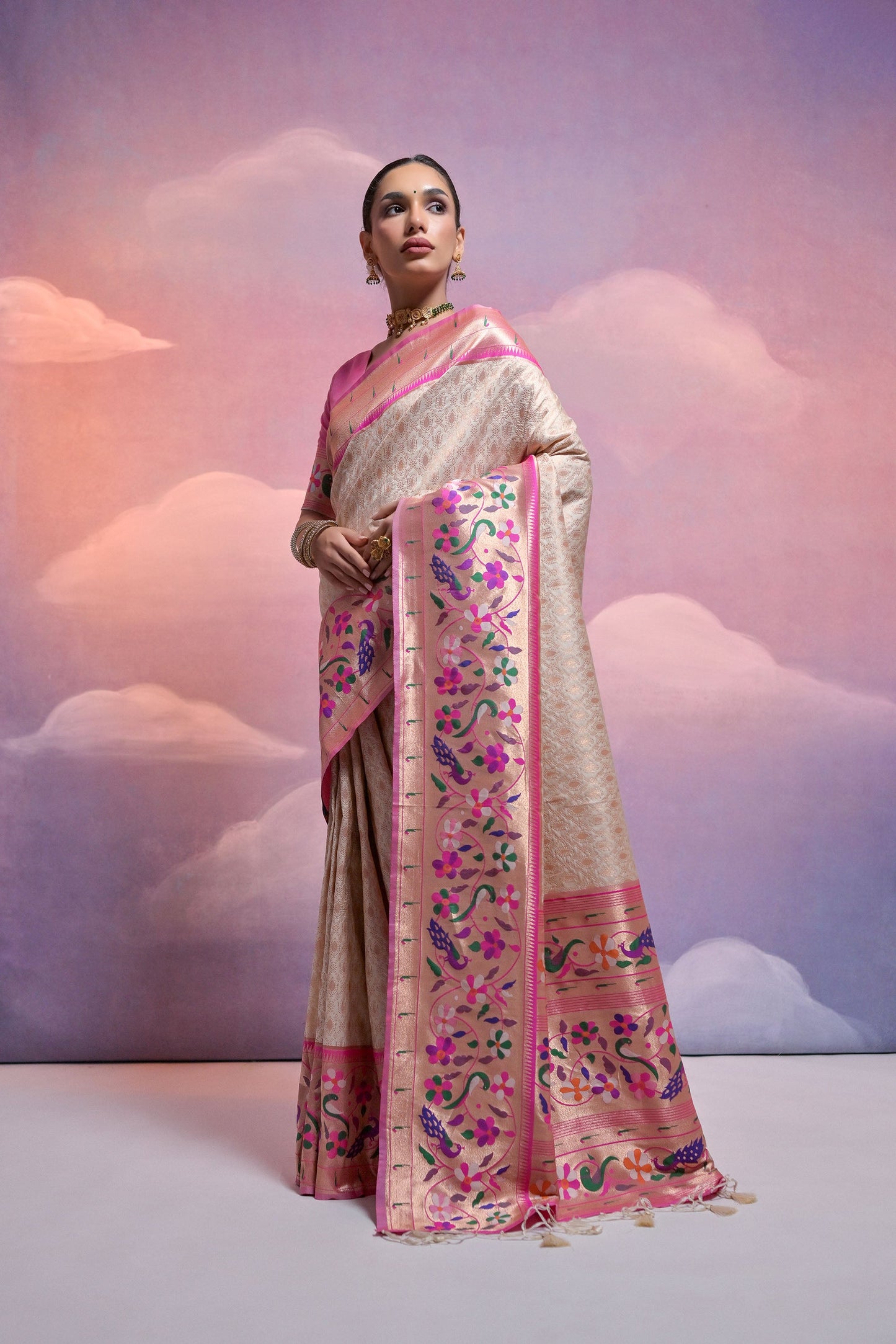 White Paithani Silk Meenakari Zari Woven Saree