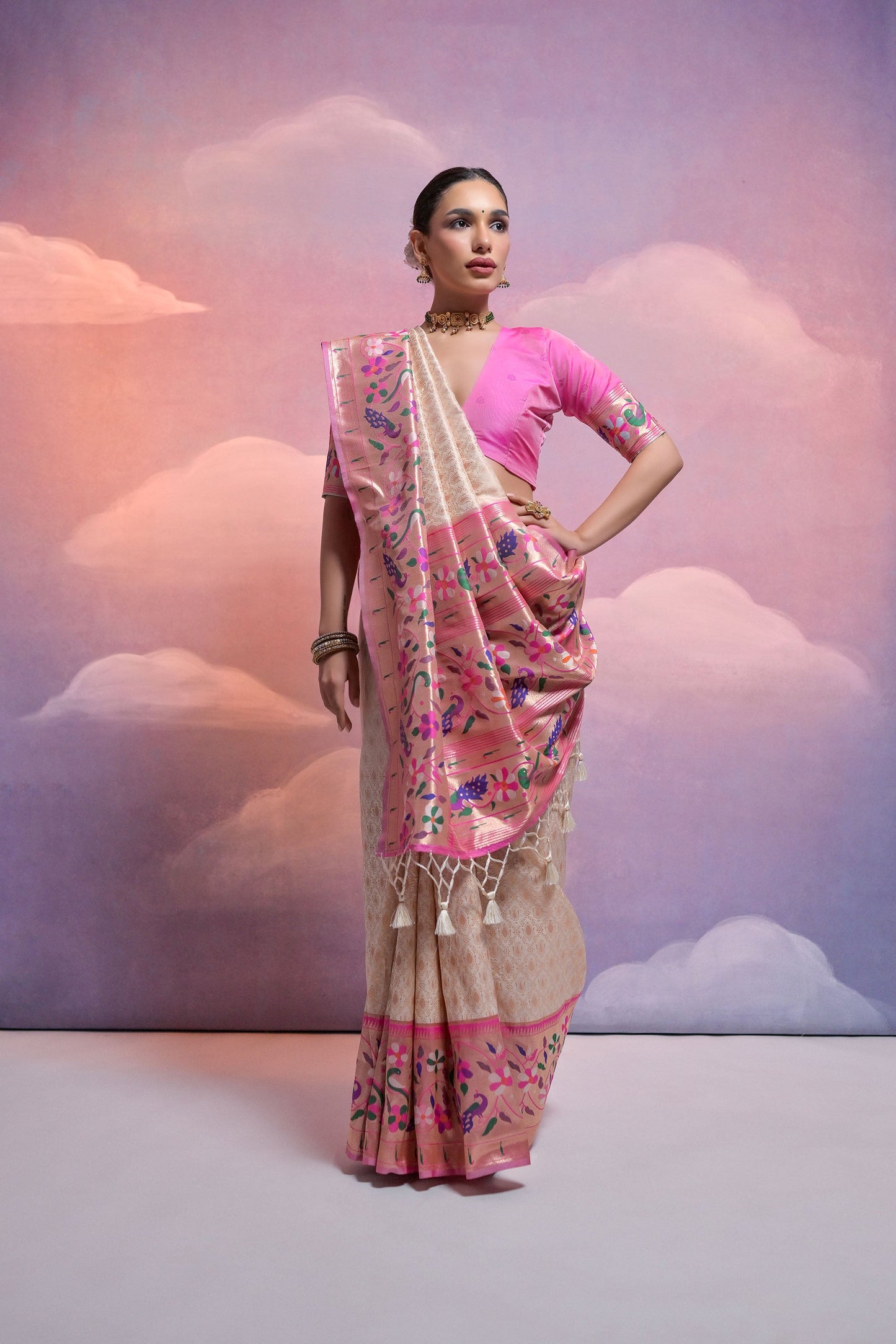 White Paithani Silk Meenakari Zari Woven Saree