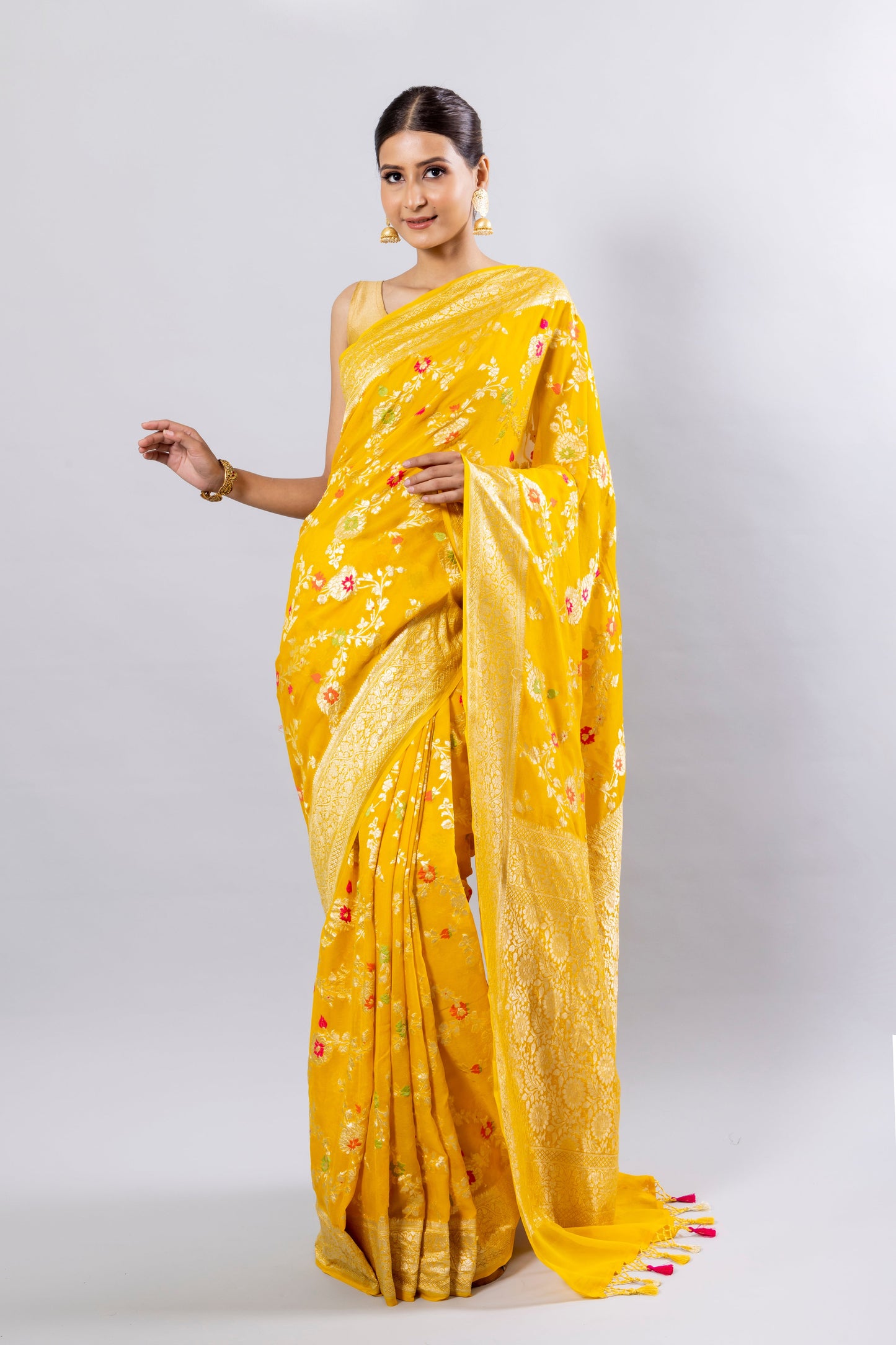 Yellow Georgette Khaddi Pure Silk Saree