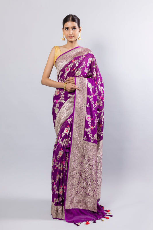Purple Georgette Khaddi Pure Silk Saree