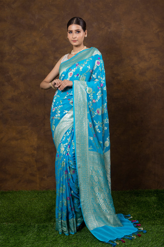 Turquoise Blue Georgette Khaddi Pure Silk Saree