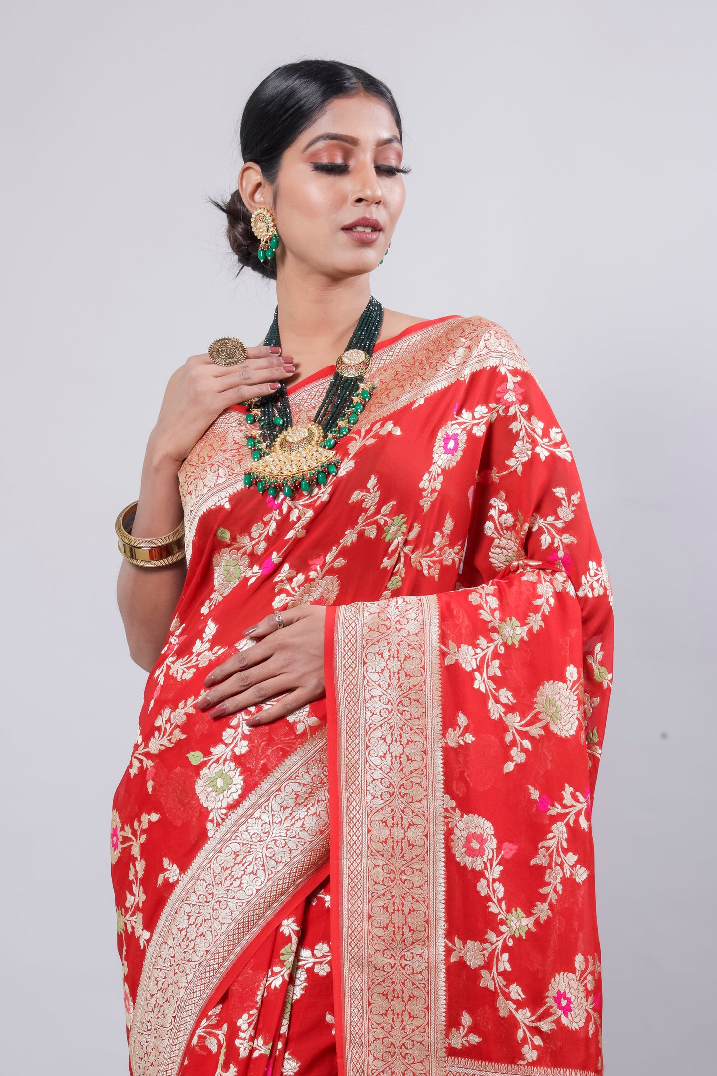 Red Georgette Khaddi Pure Silk Saree
