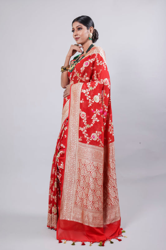 Red Georgette Khaddi Pure Silk Saree