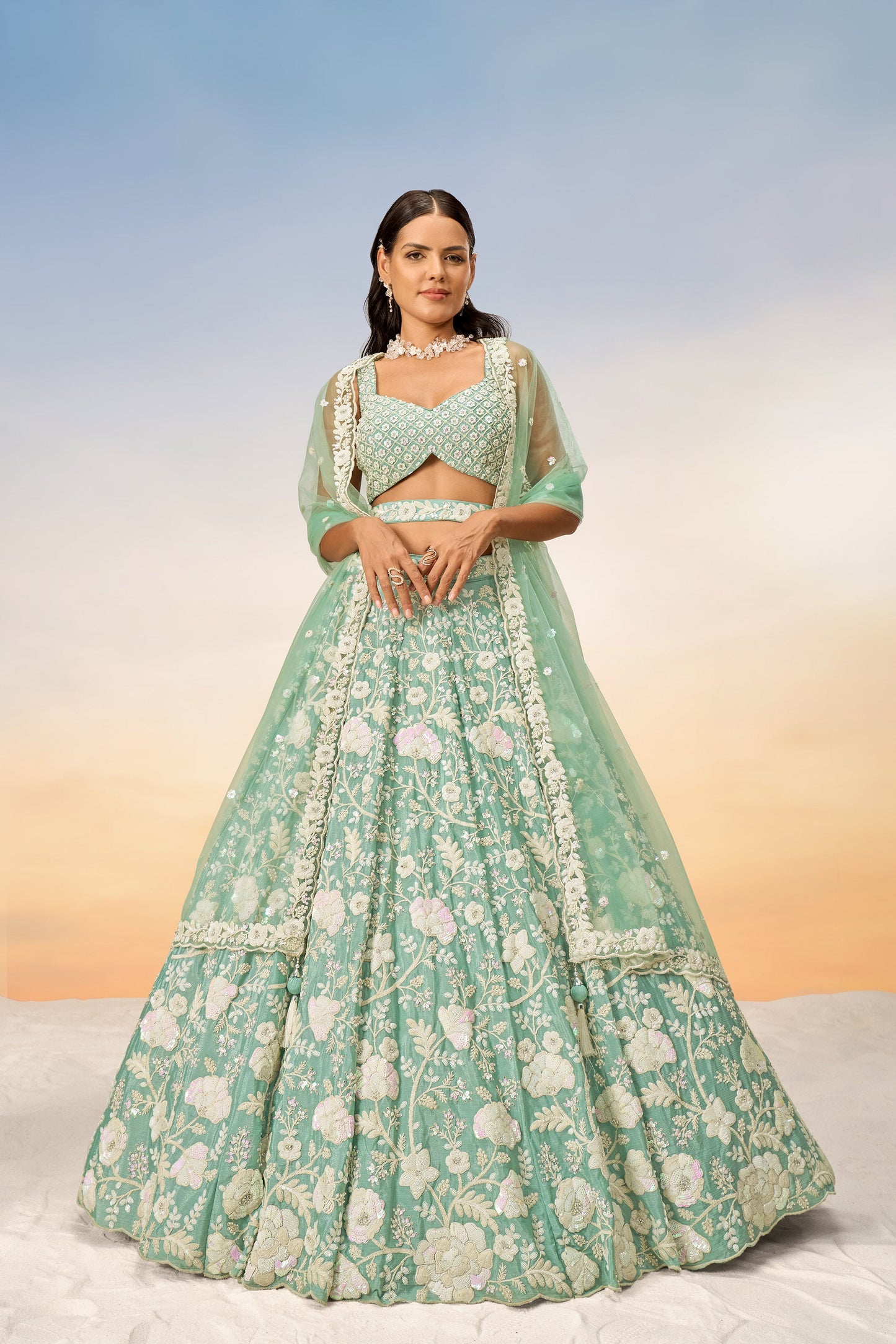 Sea Green Chinon Sequins and Zarkan embroidery Lehenga