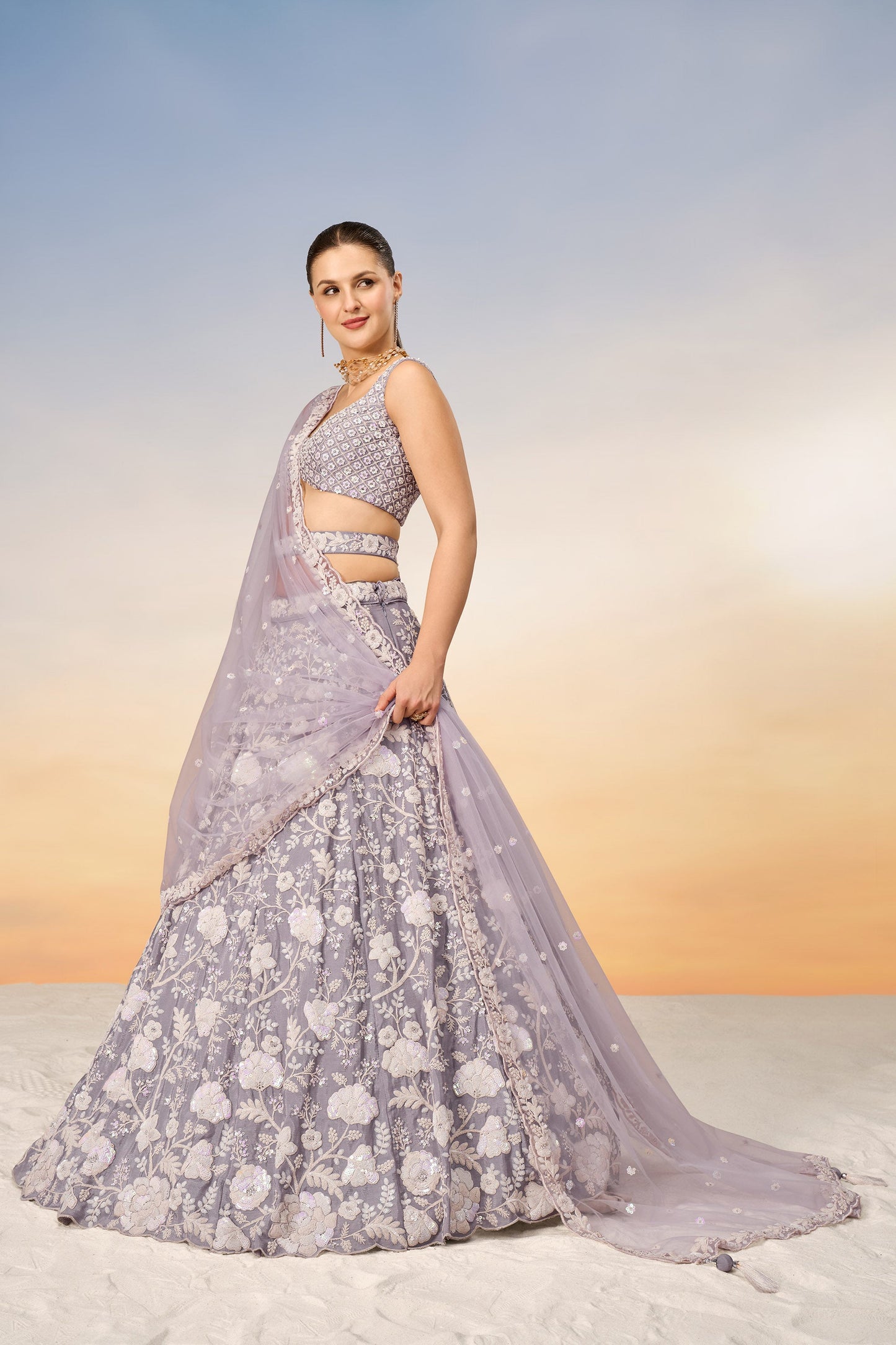 Mauve Chinon Sequins and Zarkan embroidery Lehenga