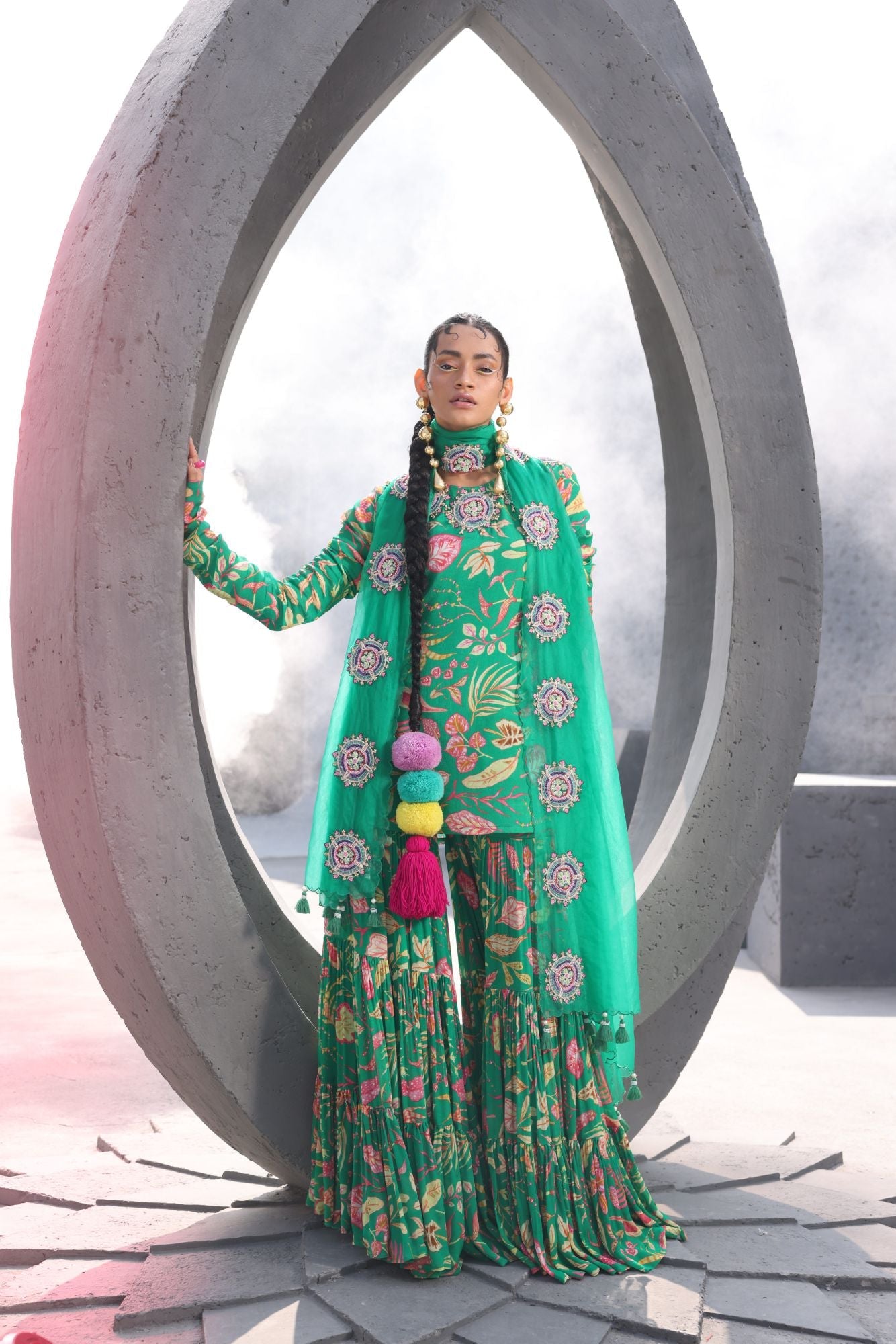 Pine Green color Kurti & Gharara Set with Patch Work Organza Dupatta