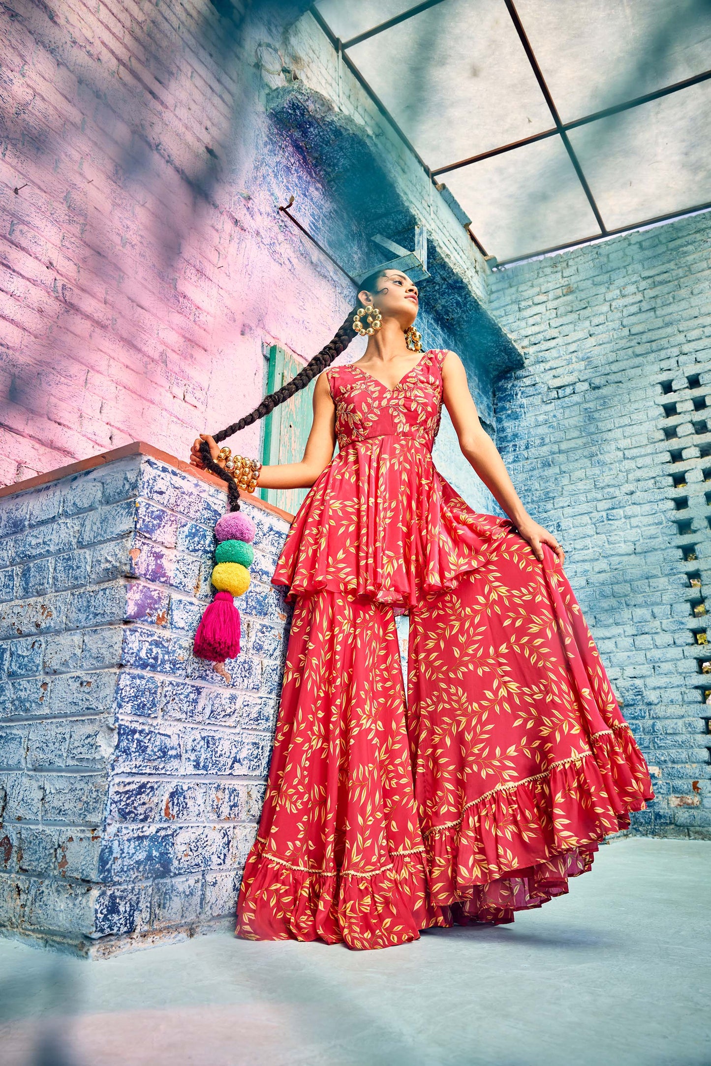 Rasberry pink digital printed flared Crepe gharara and hand embroidered tunic paired up with braided belt