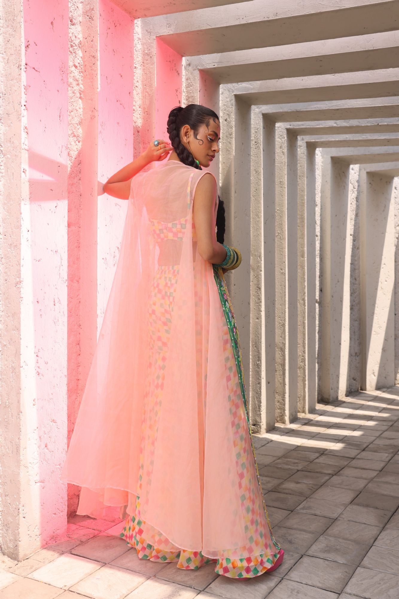 Multi-colored Bustier with Light work Shrug & Sharara Pants in Squared Print fabric