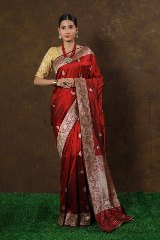 Maroon Handwoven Kadwa Katan Silk Saree