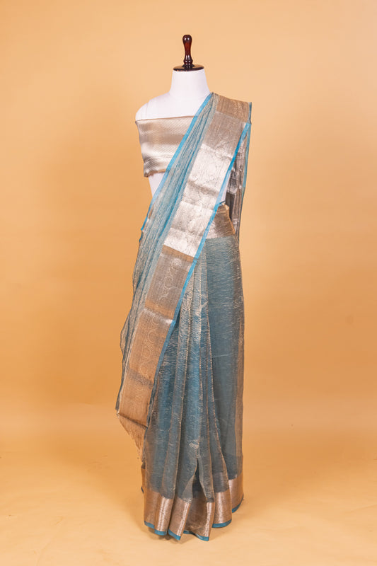 Turquoise blue Tissue Pure Silk Dyed Saree