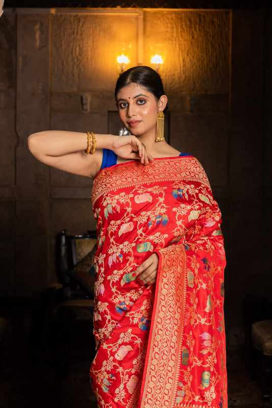 Red Handwoven Kadwa Katan Silk Saree