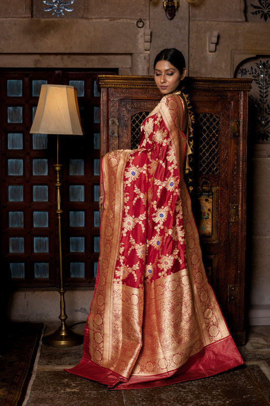 Red Handwoven Kadwa Katan Silk Saree