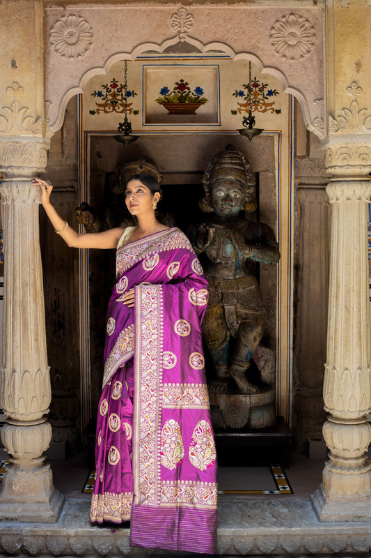 Purple Handwoven Kadwa Katan Silk Saree