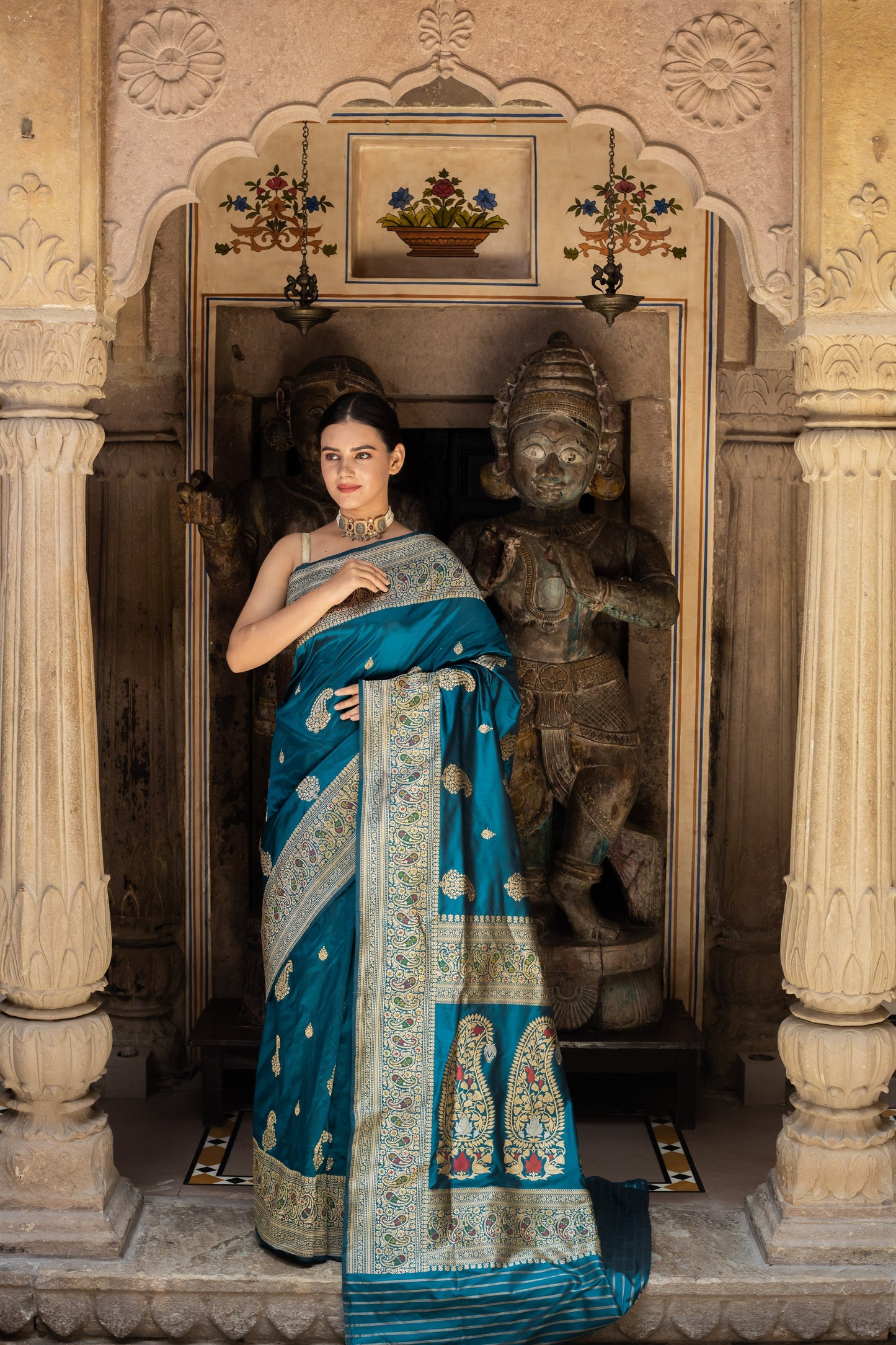 Teal Handwoven Kadwa Katan Silk Saree