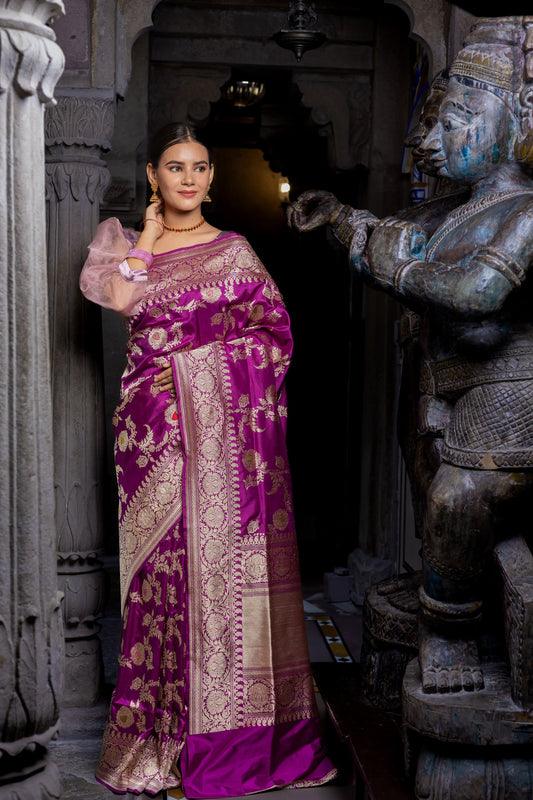 Purple Handwoven Kadwa Katan Silk Saree