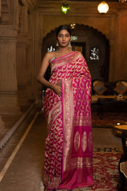 Pink Handwoven Kadwa Katan Silk Saree