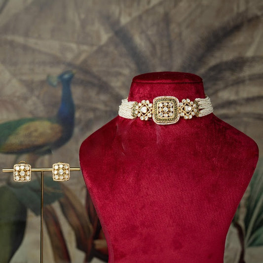 White Color Silver Choker With Pearl Studded Beads