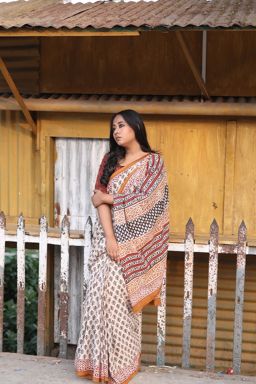 Beige Bagru White Saree with Rust Motif - Handblock Print Natural Dyed - Mulmul Cotton Saree