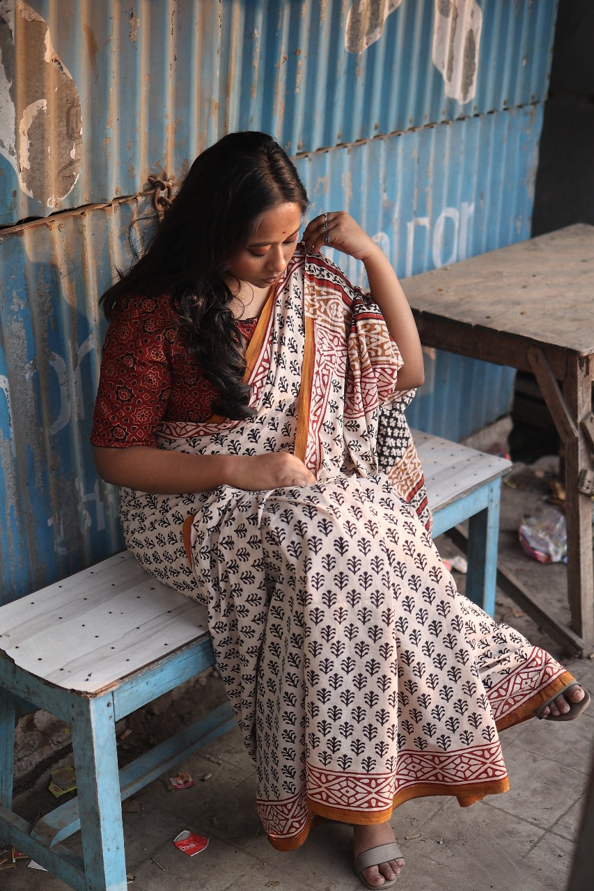 Beige Bagru White Saree with Rust Motif - Handblock Print Natural Dyed - Mulmul Cotton Saree