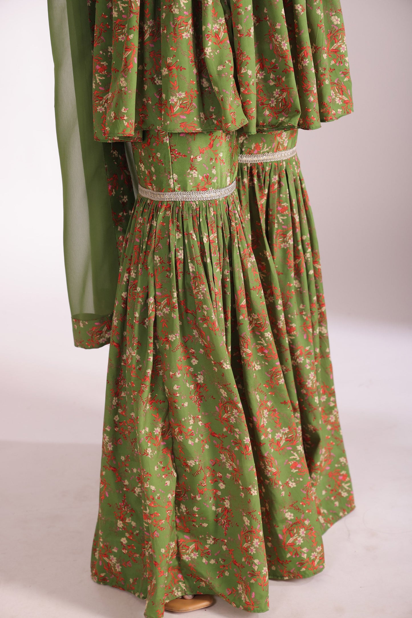 Gulzar Green Printed Crepe Silk Peplum With Gharara And Dupatta
