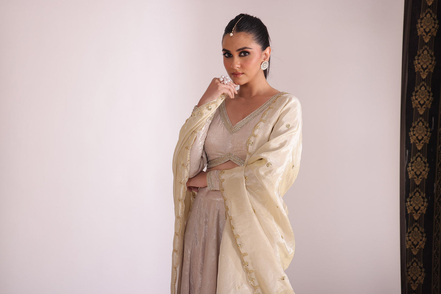 Jhalak Beige Embroidered Crepe Lehenga And Dupatta