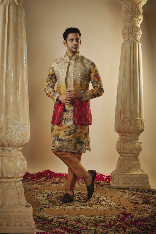 Multicoloured lucknowi digital print sequinned open kurta jacket set