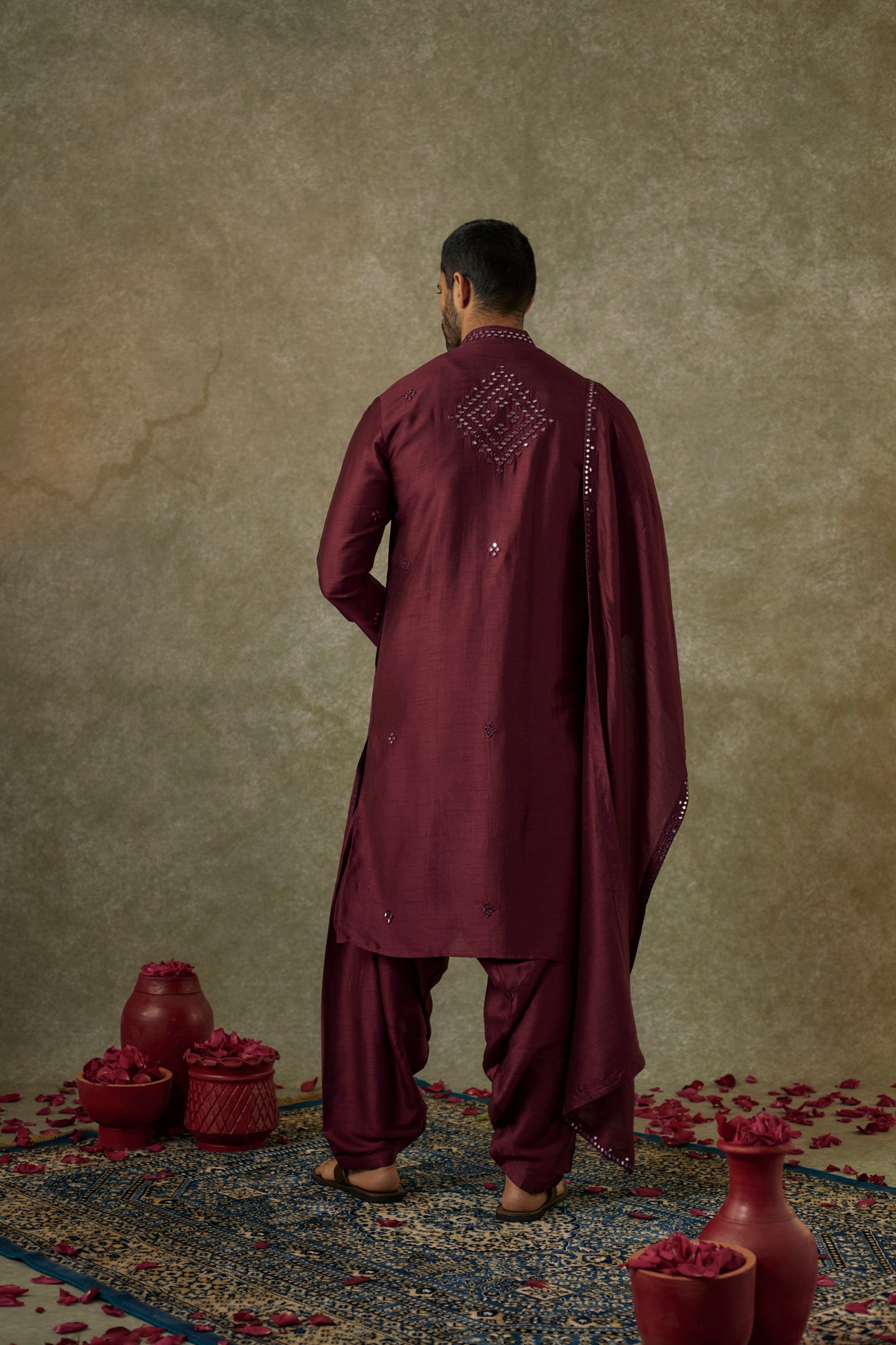 Red Cherry  art silk mirror embroidered patiala suit set
