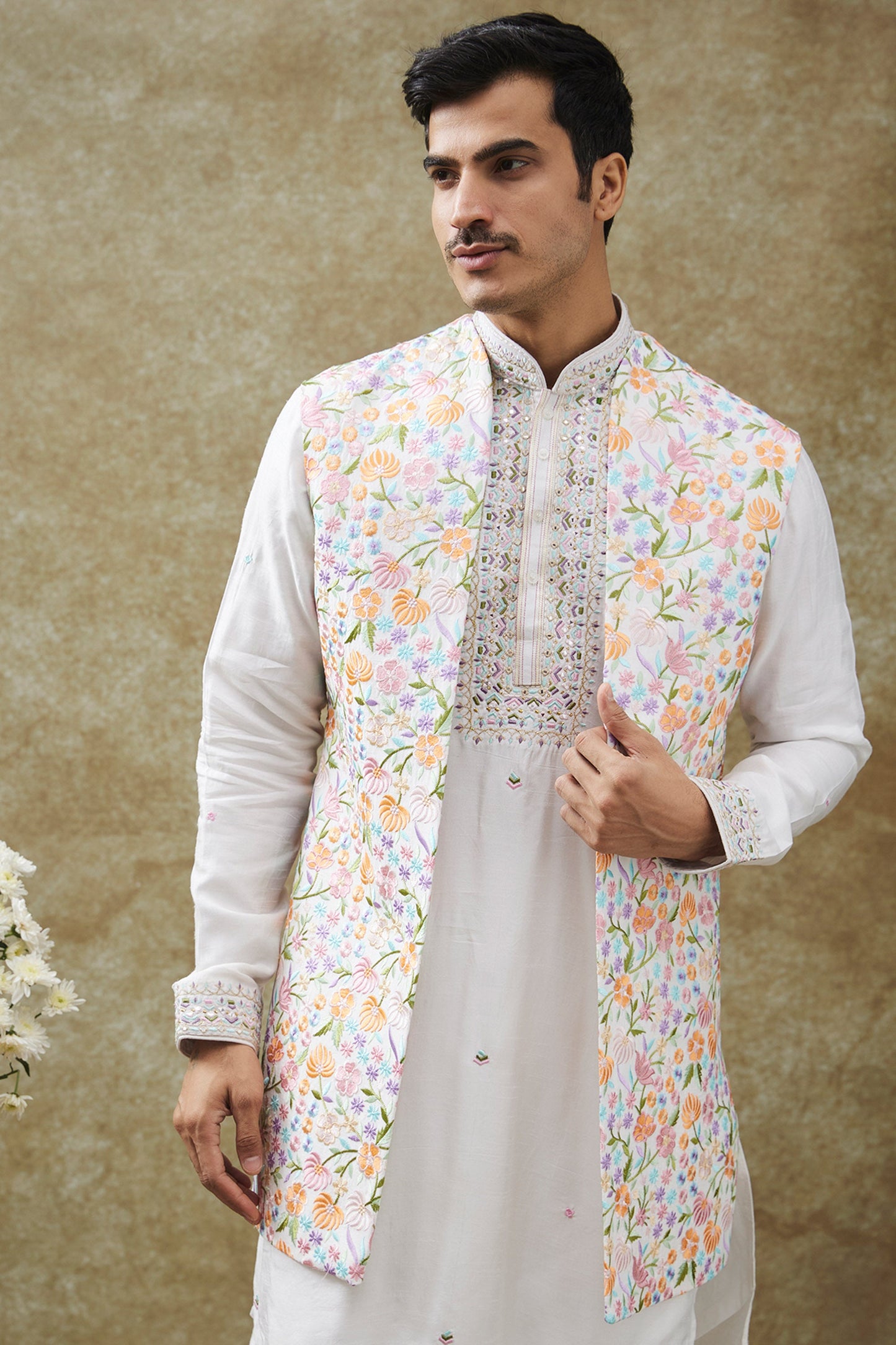 White Splendid Silk Open Koti Set