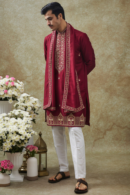 Cherry Red Splendid Silk Resham Kurta Pajama Set