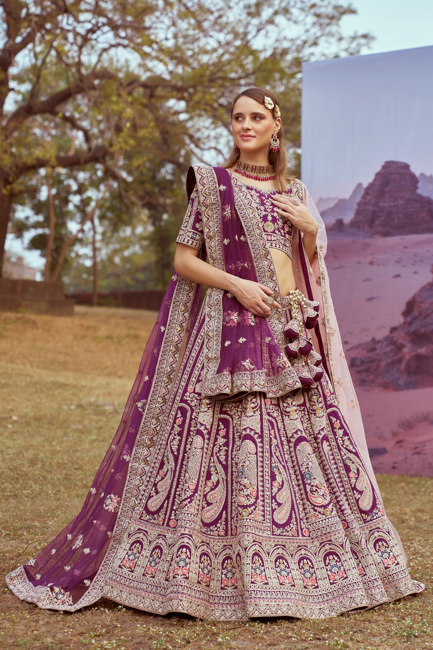 Purple Pure silk Moti, Coding embroidery Bridal Lehenga