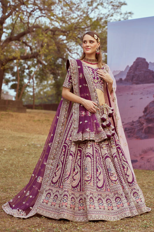 Purple Pure silk Moti, Coding embroidery Bridal Lehenga