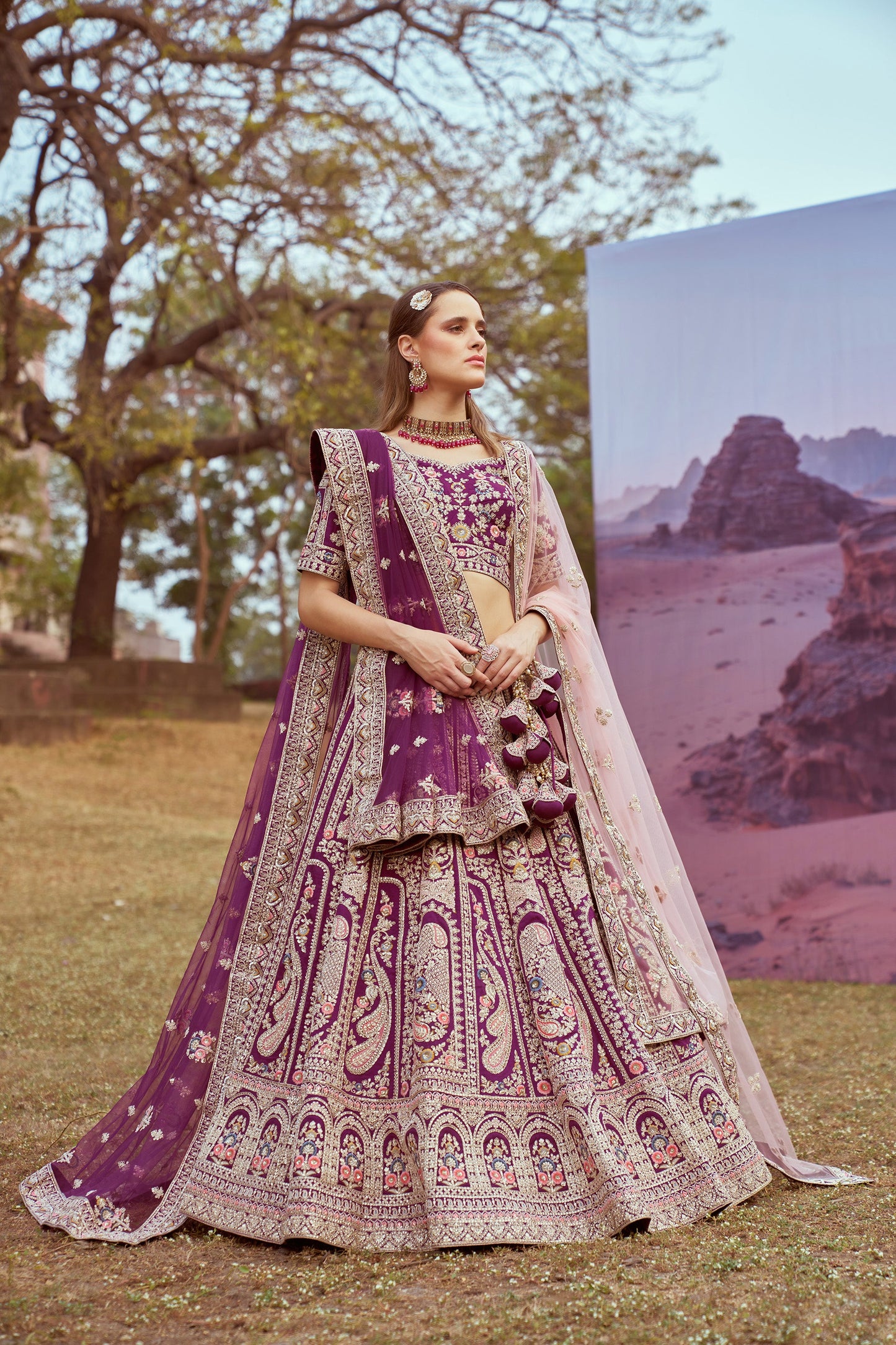 Purple Pure silk Moti, Coding embroidery Bridal Lehenga