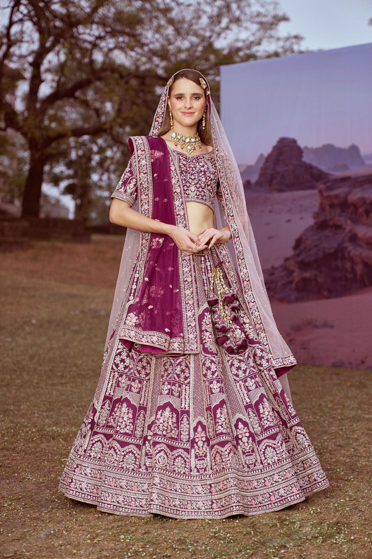 Purple Pure silk Moti, Sequins embroidery Bridal Lehenga