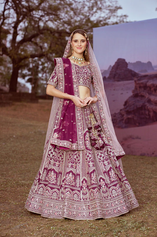 Purple Pure silk Moti, Sequins embroidery Bridal Lehenga