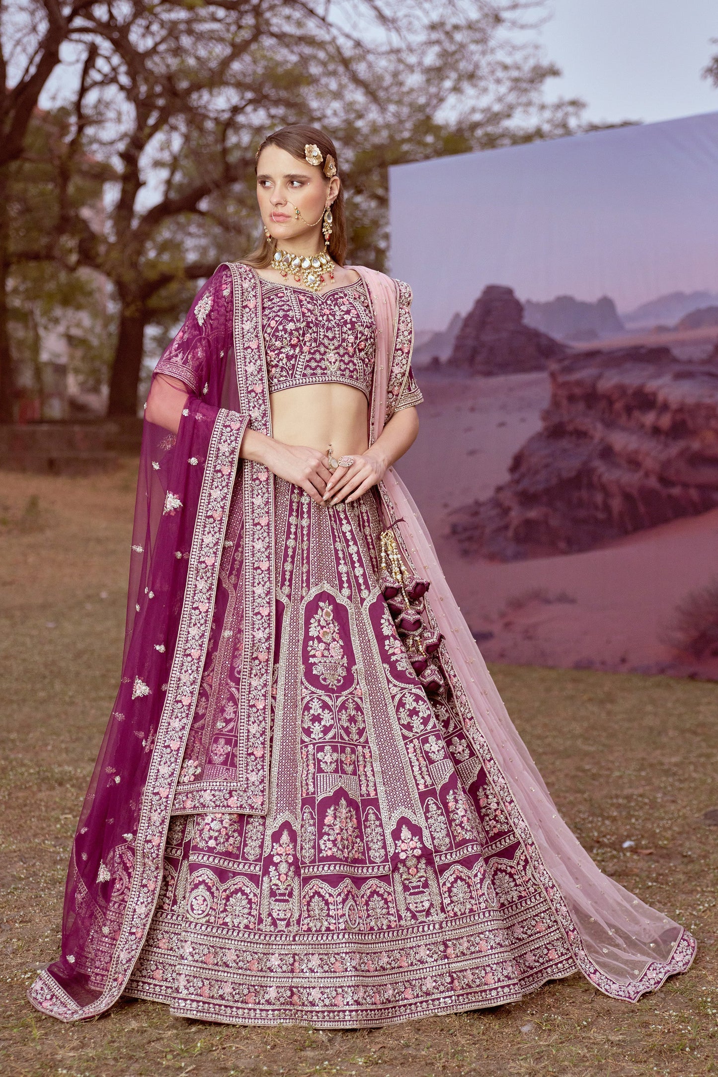 Purple Pure silk Moti, Sequins embroidery Bridal Lehenga