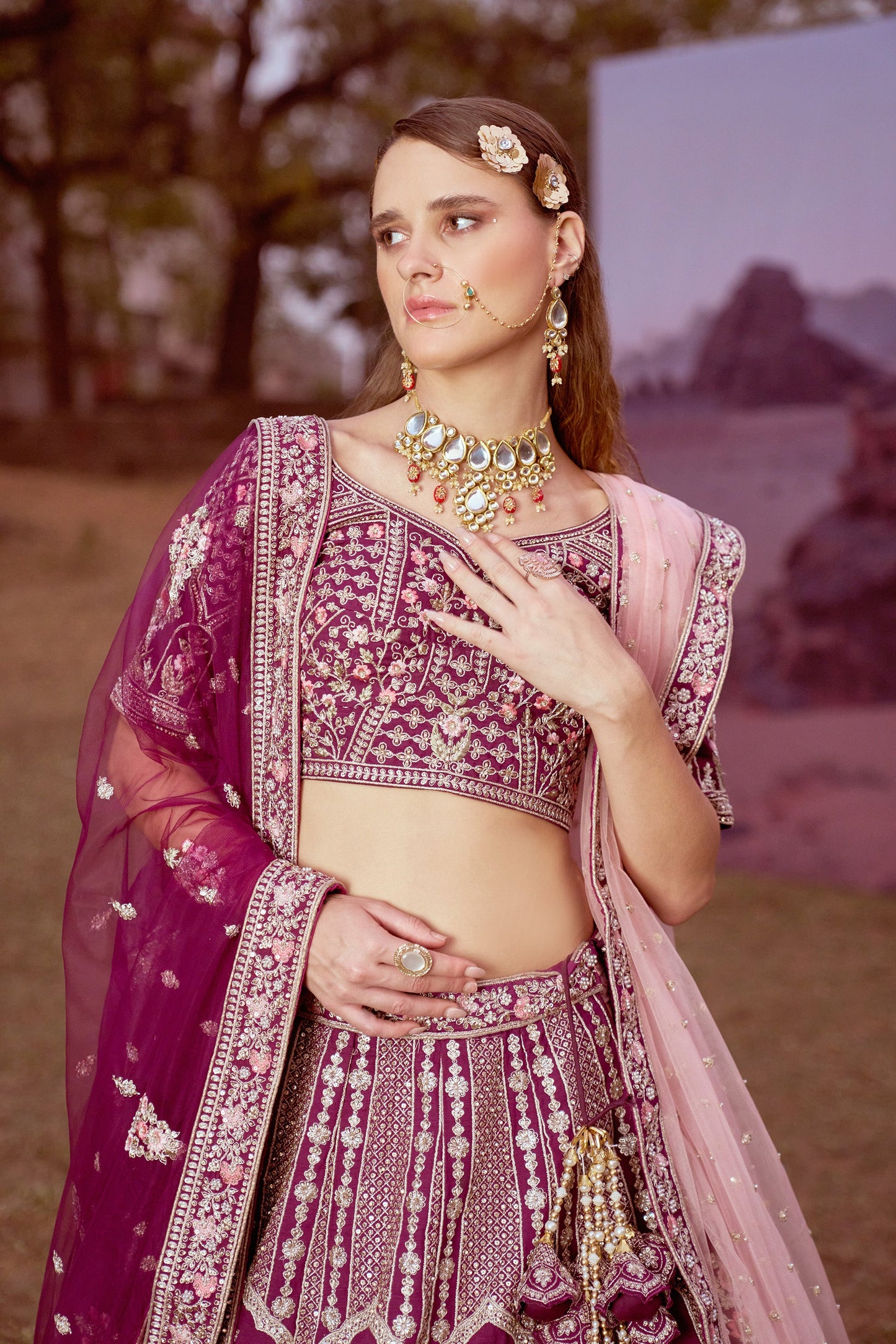 Purple Pure silk Moti, Sequins embroidery Bridal Lehenga