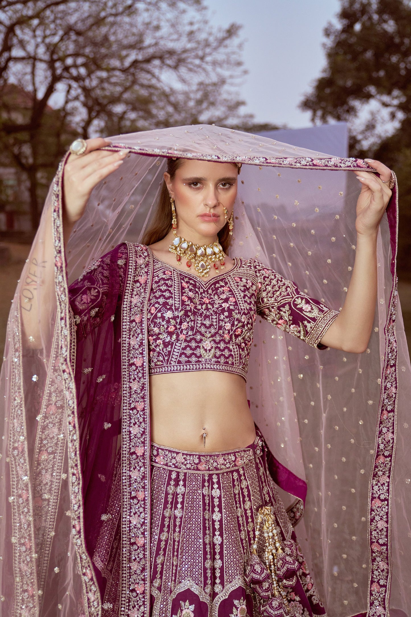 Purple Pure silk Moti, Sequins embroidery Bridal Lehenga