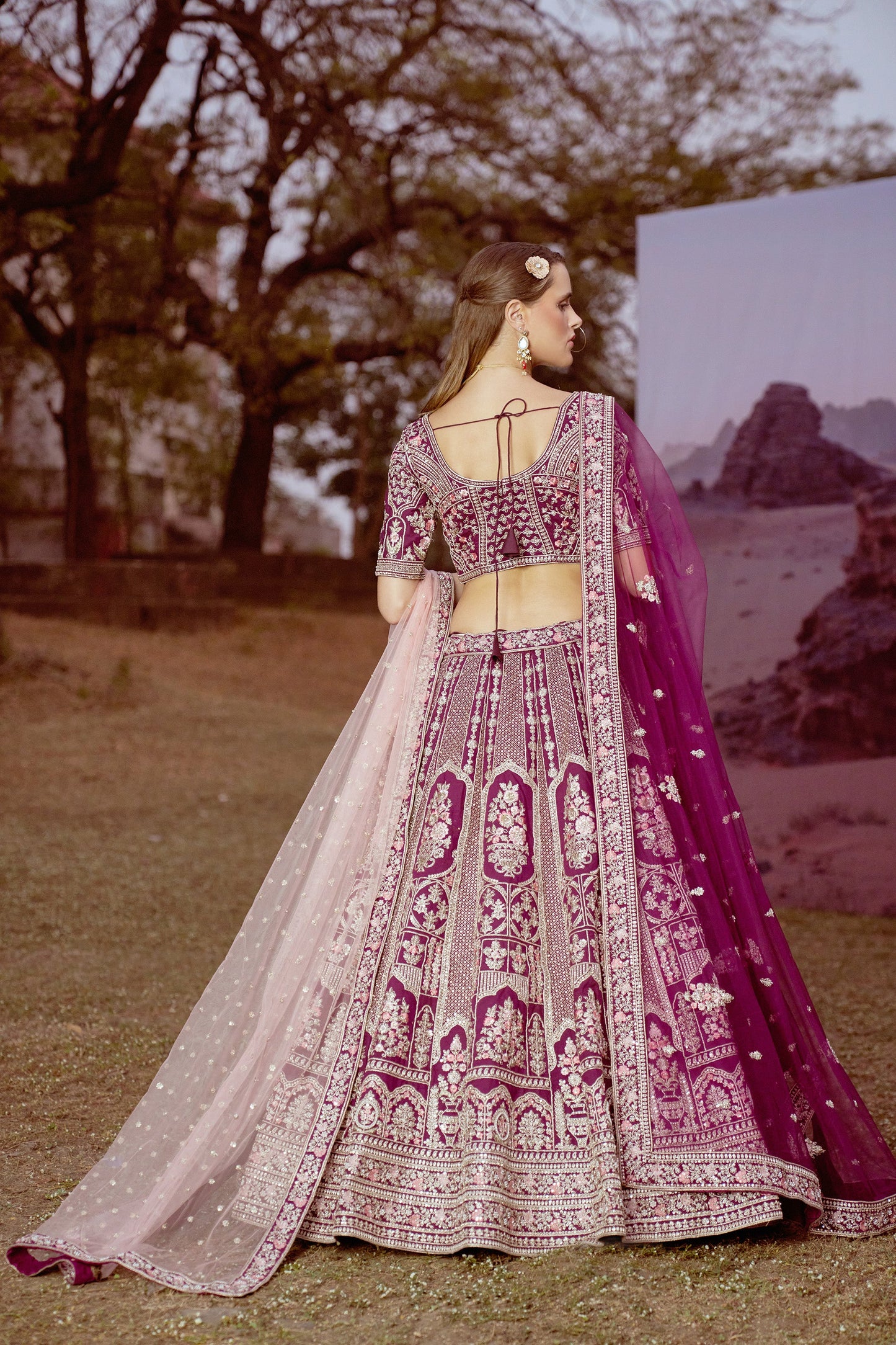 Purple Pure silk Moti, Sequins embroidery Bridal Lehenga