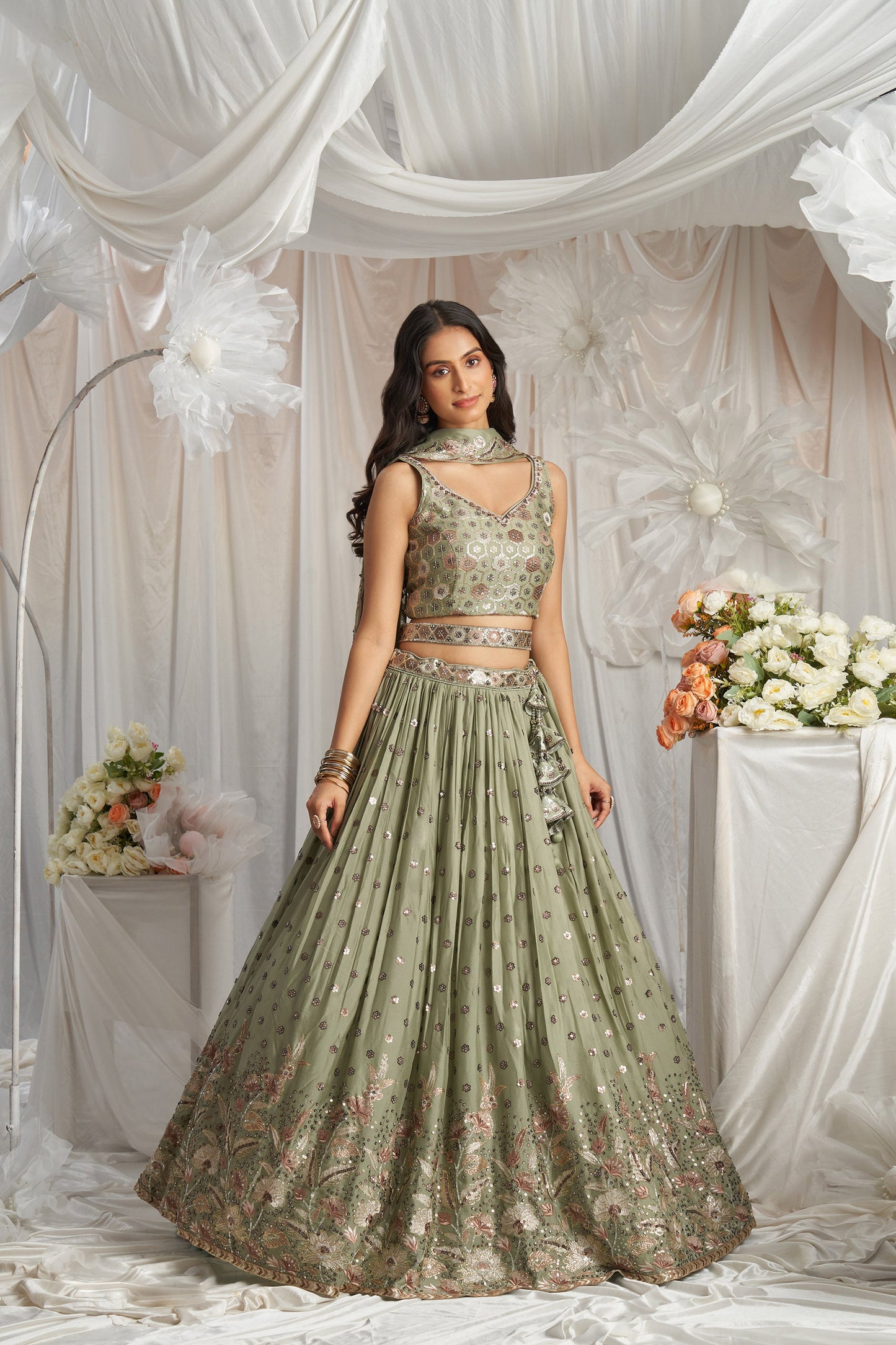 Lime Green Georgette Sequin embroidery Engagement Lehenga Choli