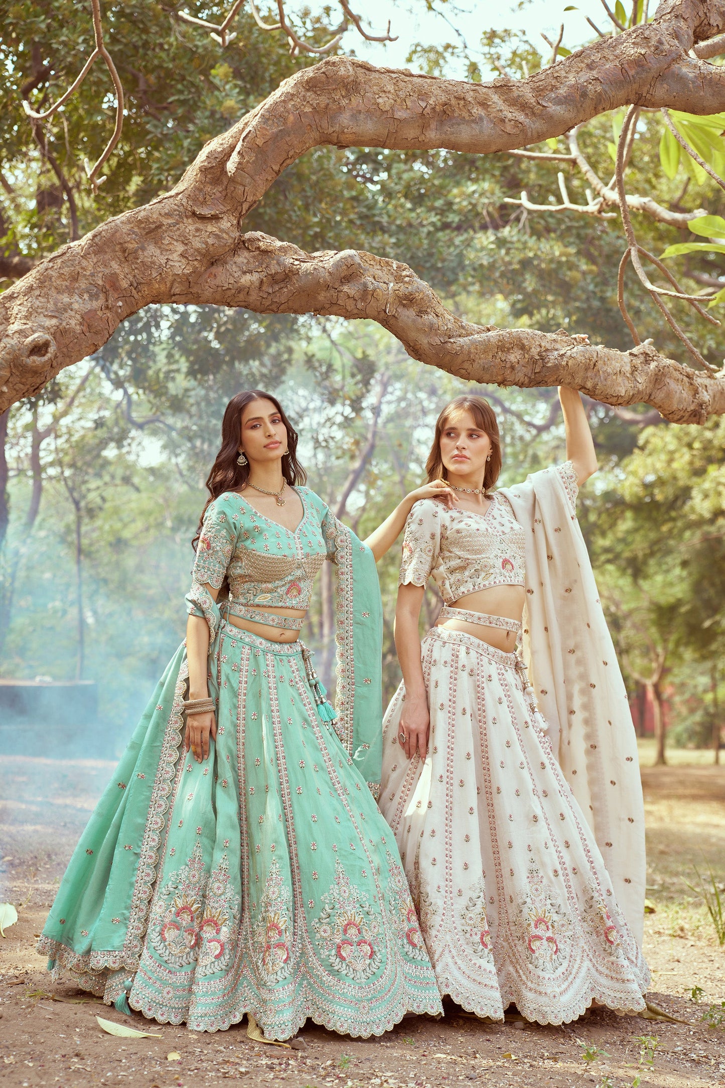 Seagreen Gold crushed Tissue Fabric Moti, Zari work Bridal Lehenga