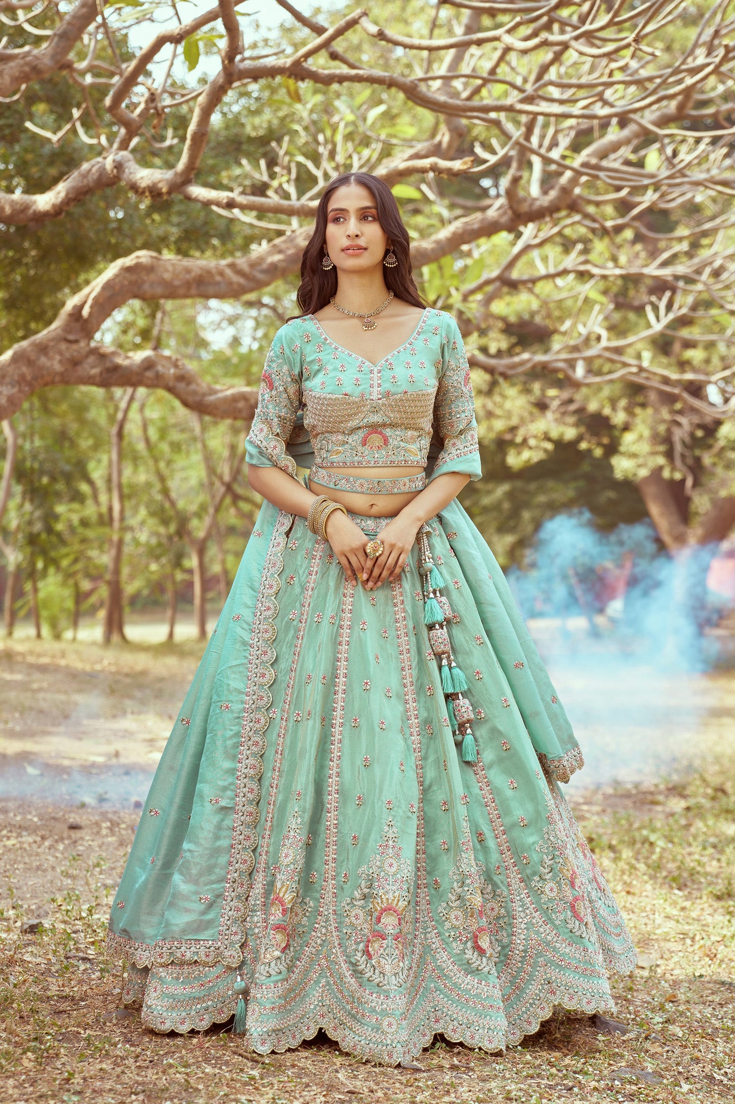 Seagreen Gold crushed Tissue Fabric Moti, Zari work Bridal Lehenga