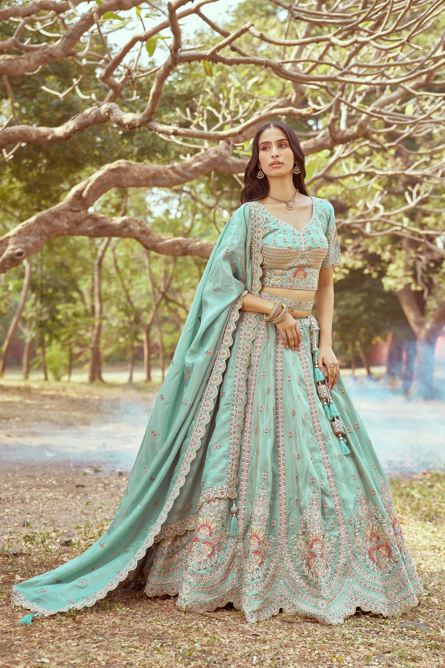 Seagreen Gold crushed Tissue Fabric Moti, Zari work Bridal Lehenga