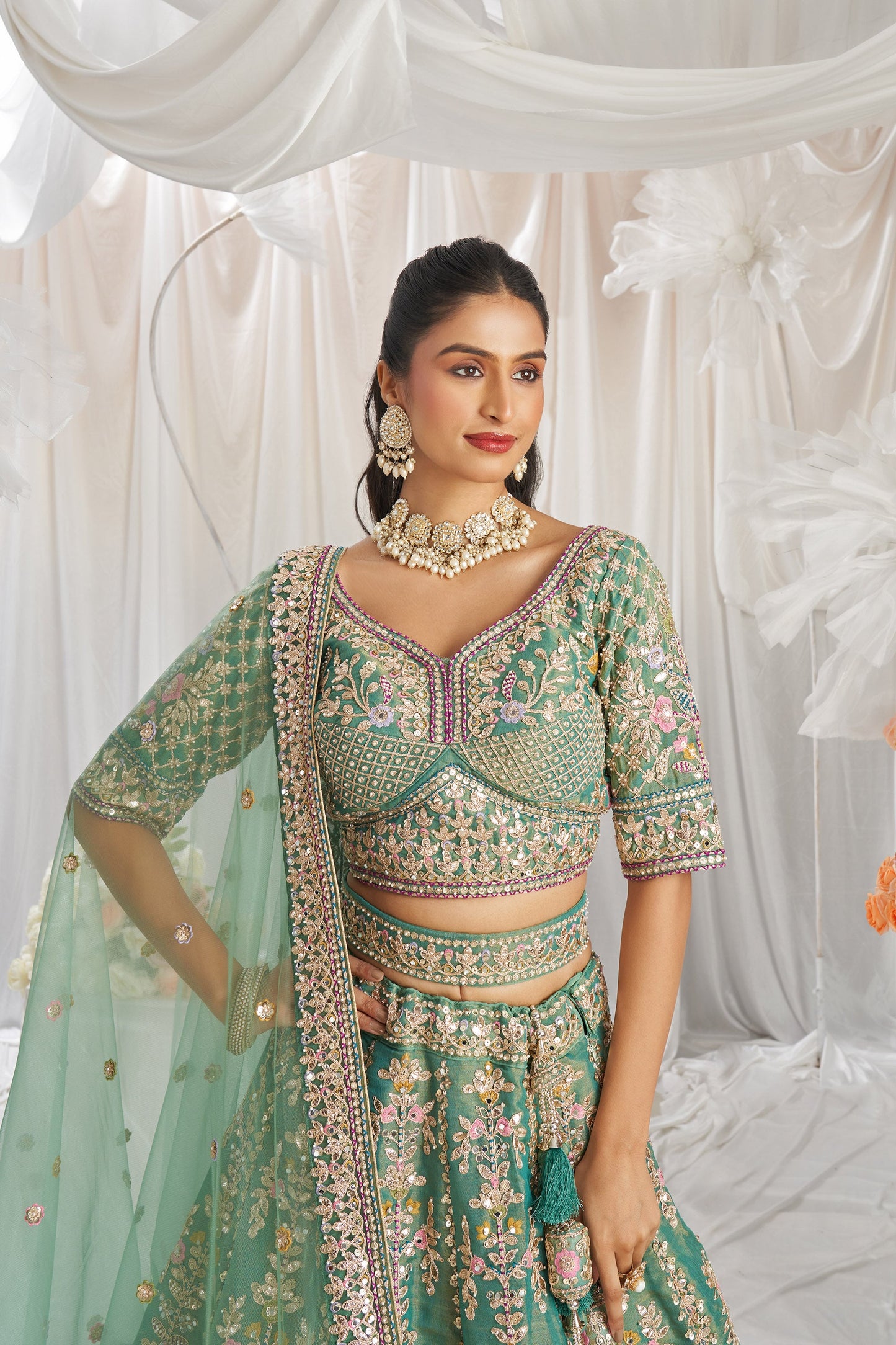Sea Green Bridel net and Gotapatti & Moti embroidery Engagement Lehenga Choli