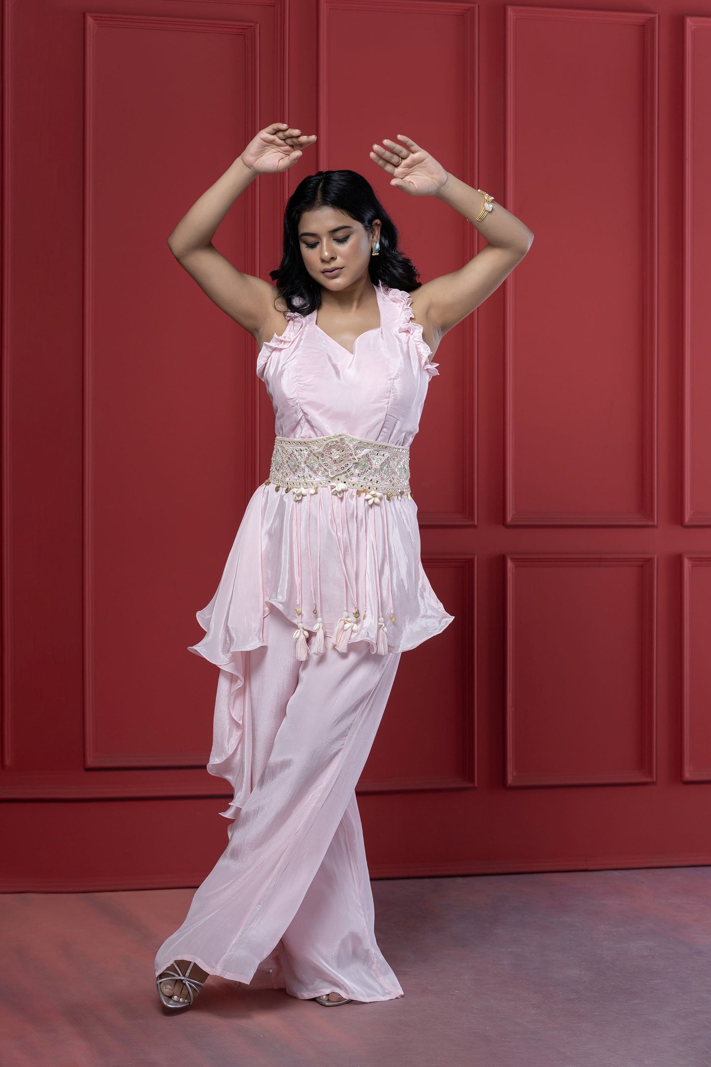 Baby Pink Indo Western Mirror  & Shell's Palazzo Set