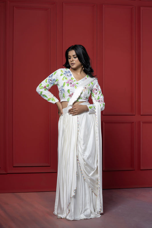 White Upada Silk Hand-Painted Saree