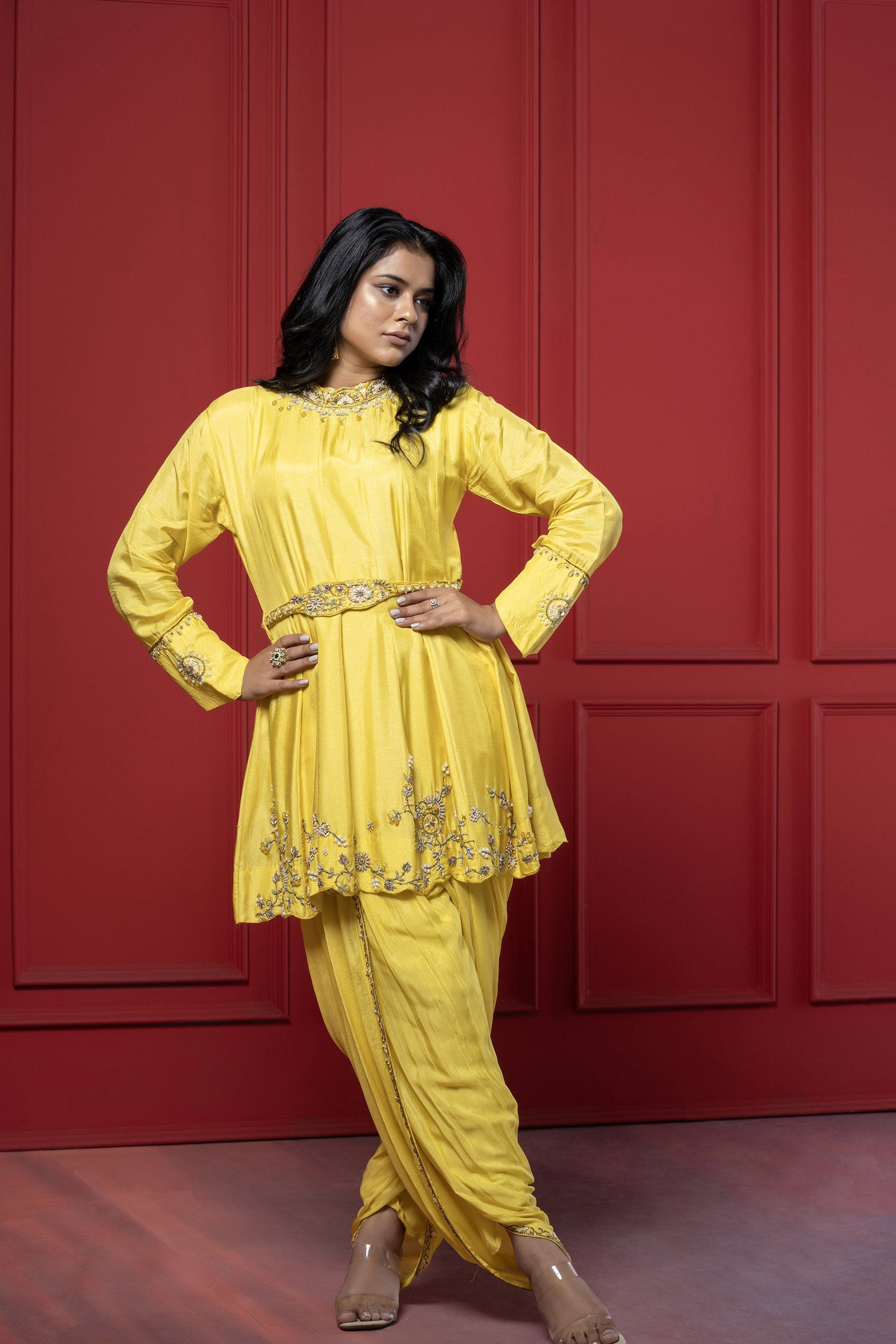 Yellow Dola Silk 3-Piece Peplum Dhoti Set