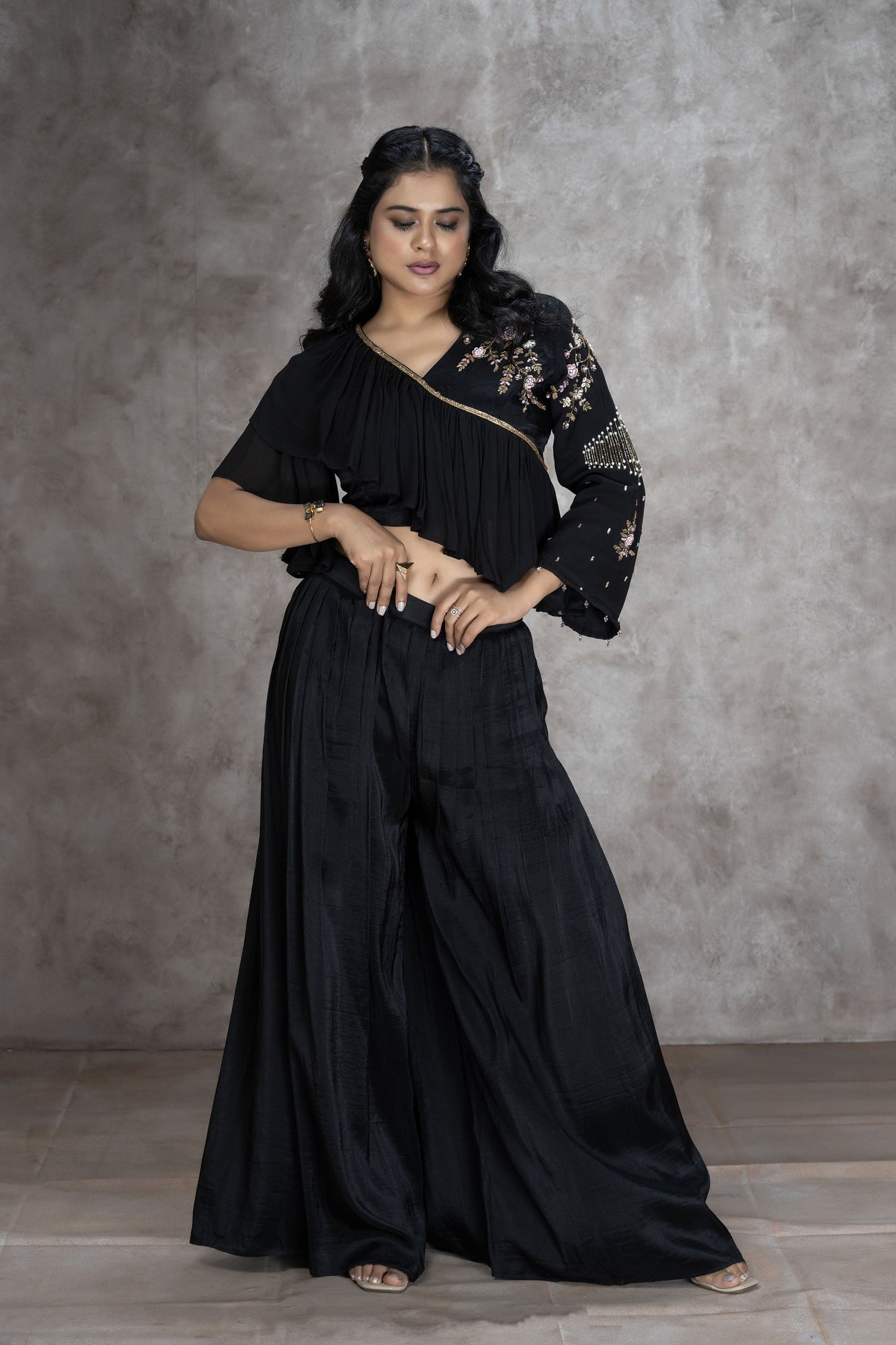 Black Ruffled Radiance Palazzo Set