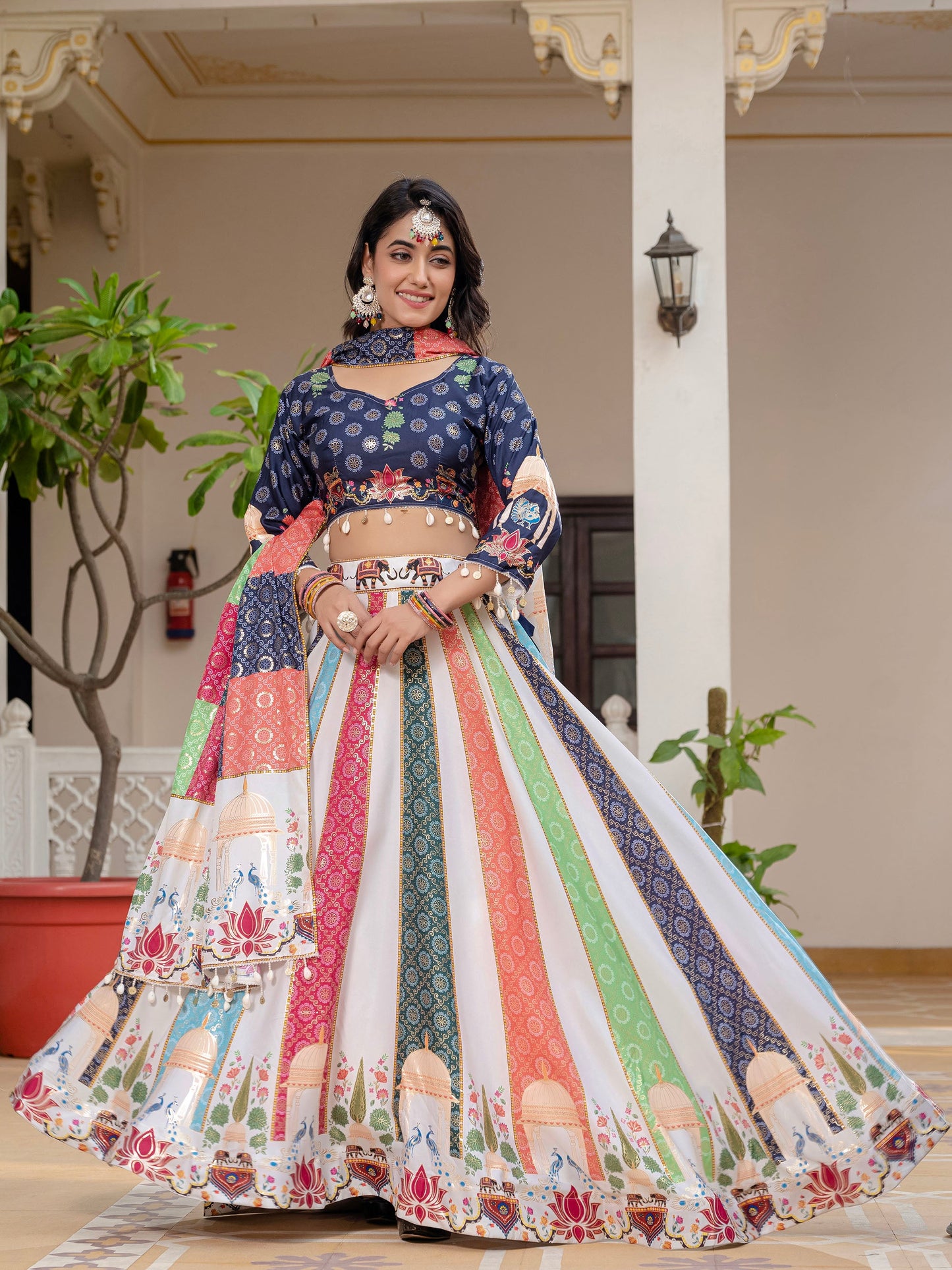 Blue & White Crepe Silk Foil Printed Navratri  Chaniya Choli