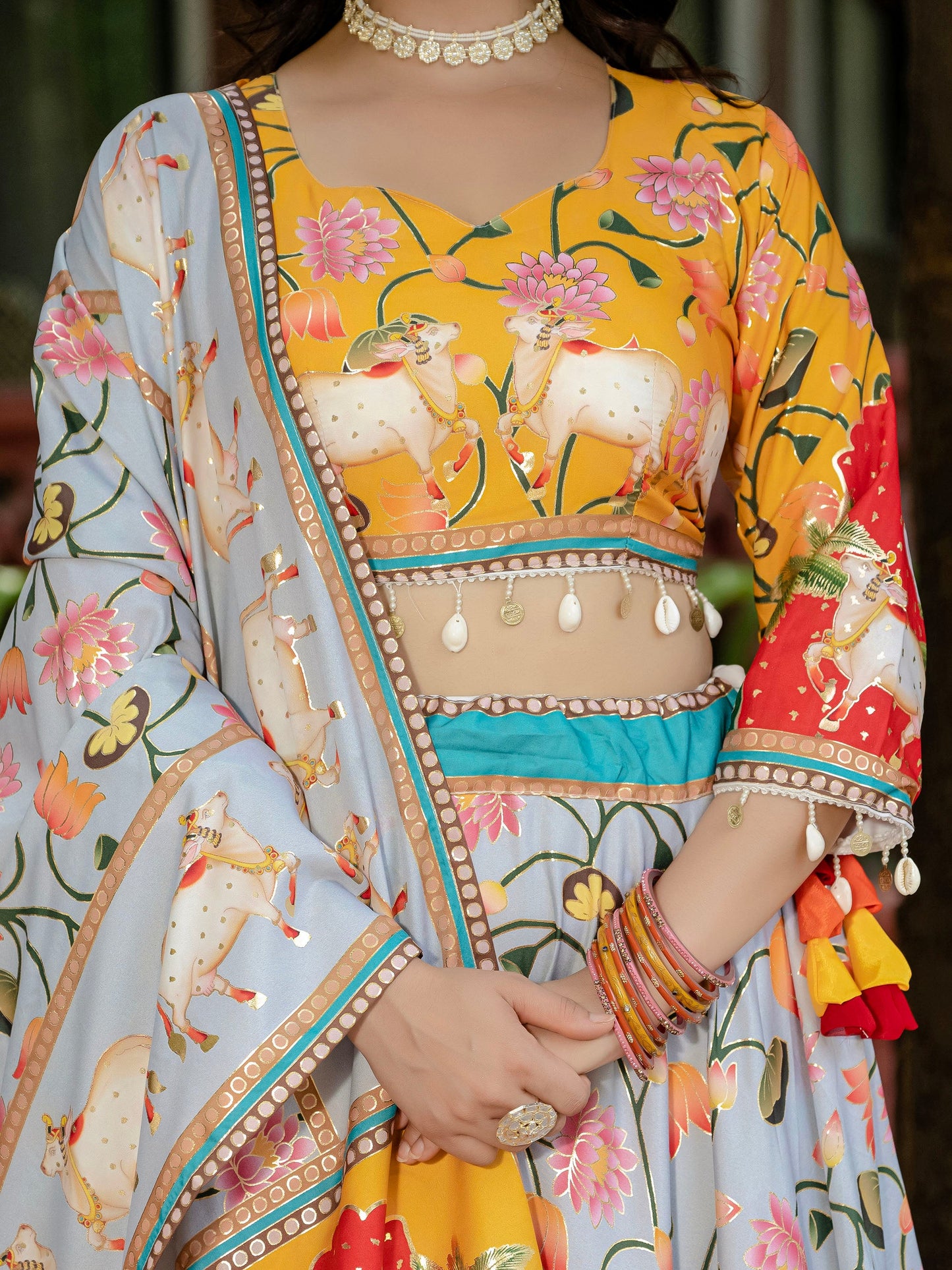 Yellow & Grey Crepe Silk Foil Printed Navratri  Chaniya Choli