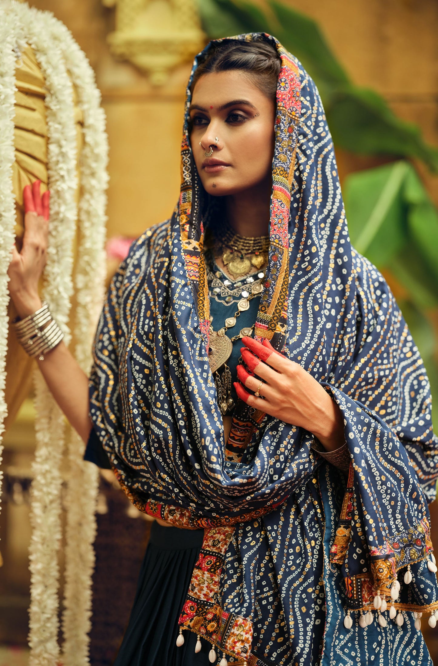 Blue Rayon Foil Printed Navratri  Chaniya Choli